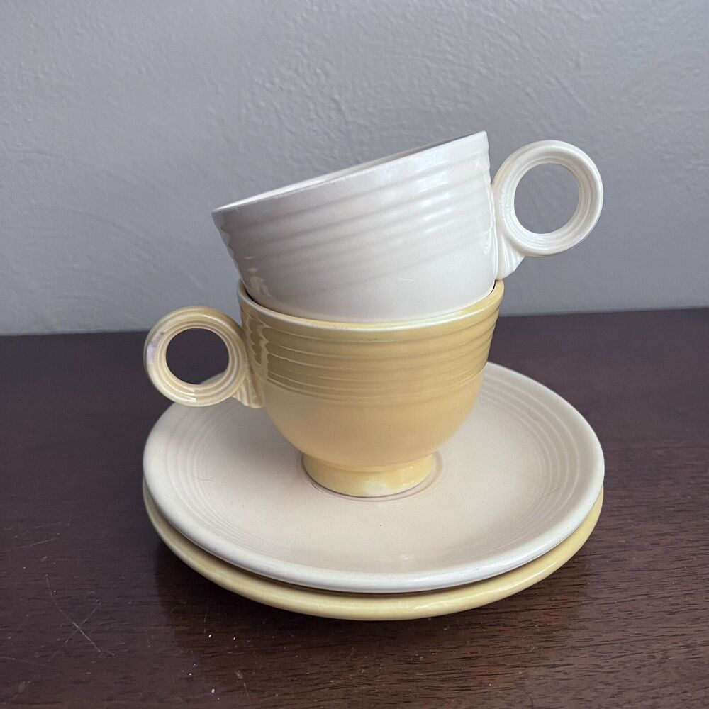 Vintage Fiestaware Teacup & Saucer Lot of 2 Yellow Cream Fiesta USA HLC Fiesta